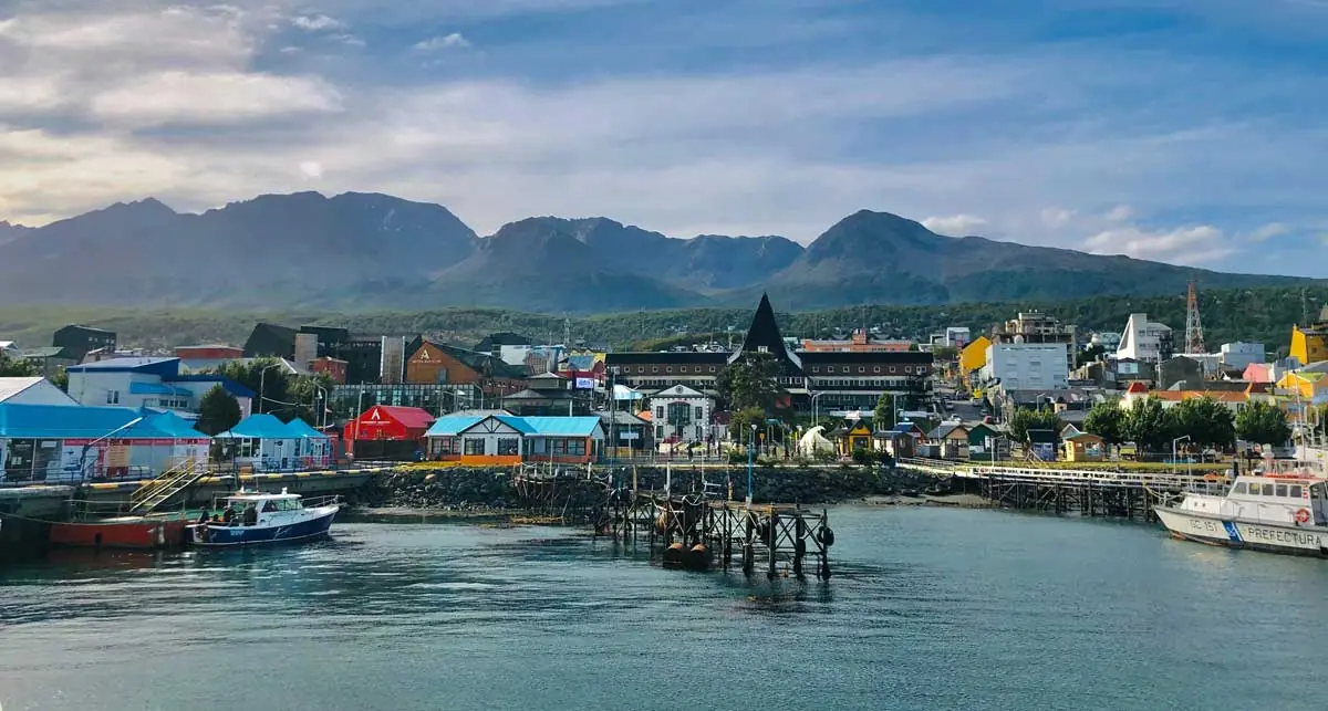Panorama of Ushuaia, Argentina's southernmost city, bay and Patagonian mountains
