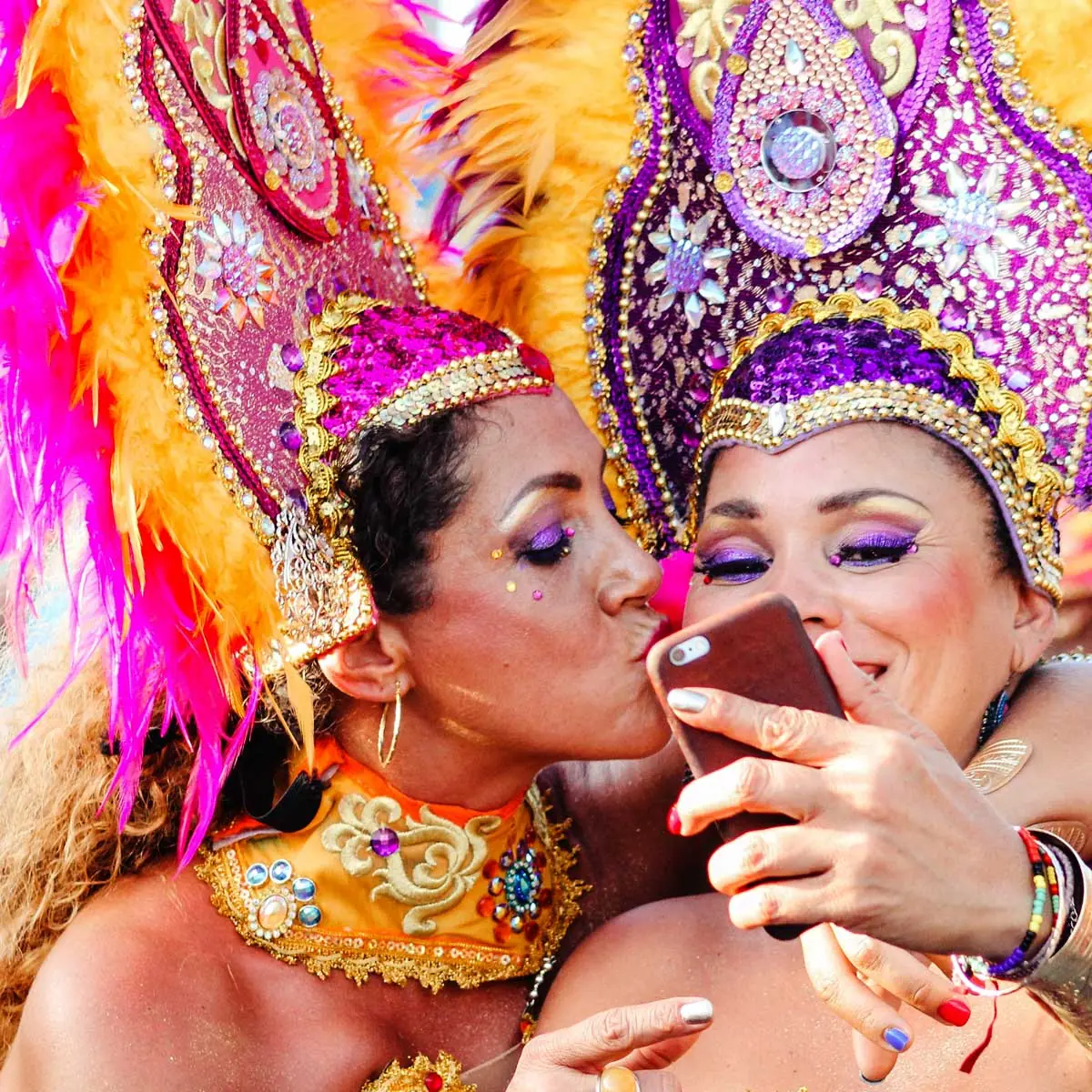 Girls dancing at Rio Carnival, colorful costumes and the Brazilian festivity