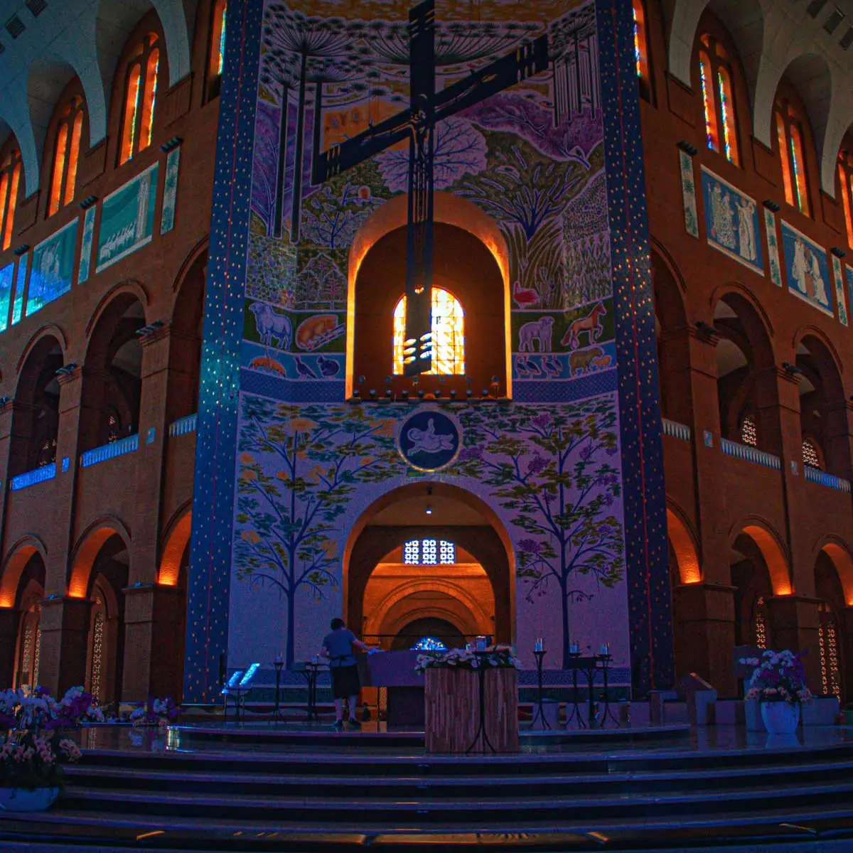 Inside Aparecida Basilica, Brazil, central nave and stained glass