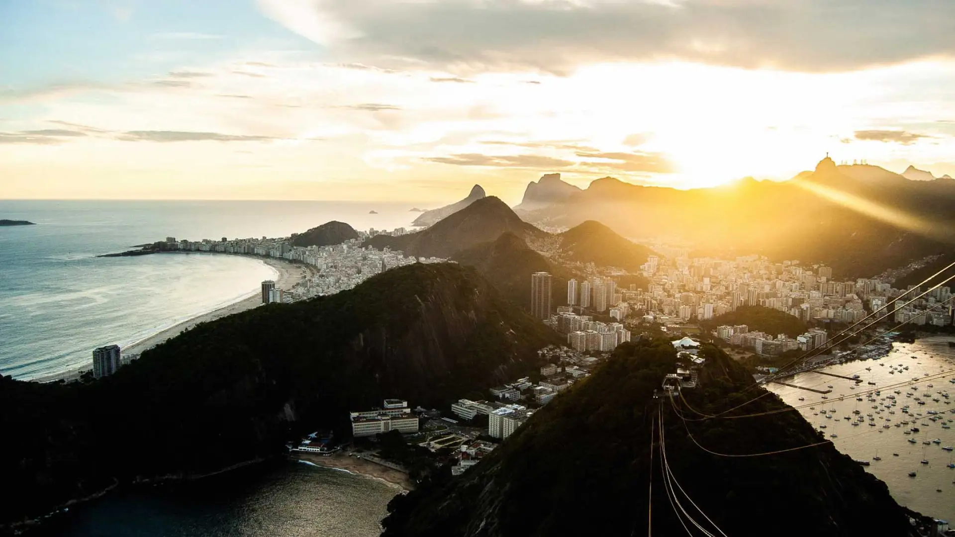 View from Corcovado Mountain in Rio, panorama of the city, Guanabara Bay
