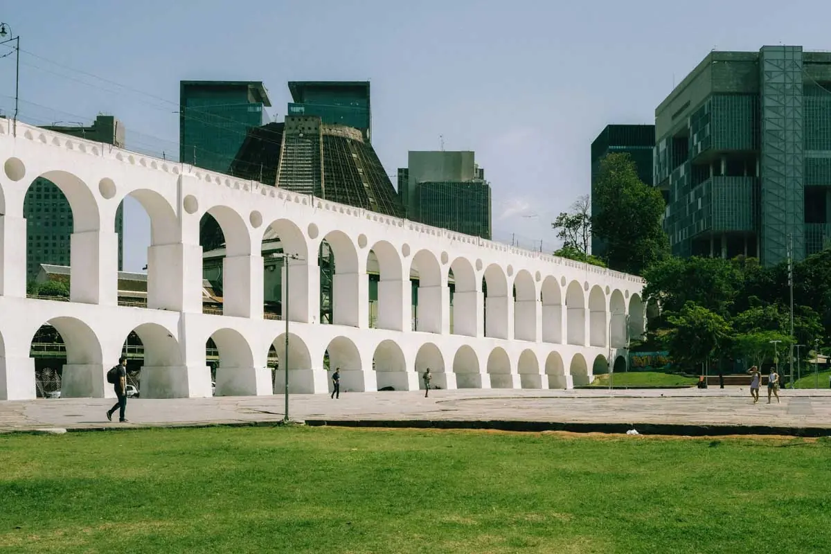 White Arcos da Lapa aqueduct in Rio de Janeiro, historic Lapa and Santa Teresa district
