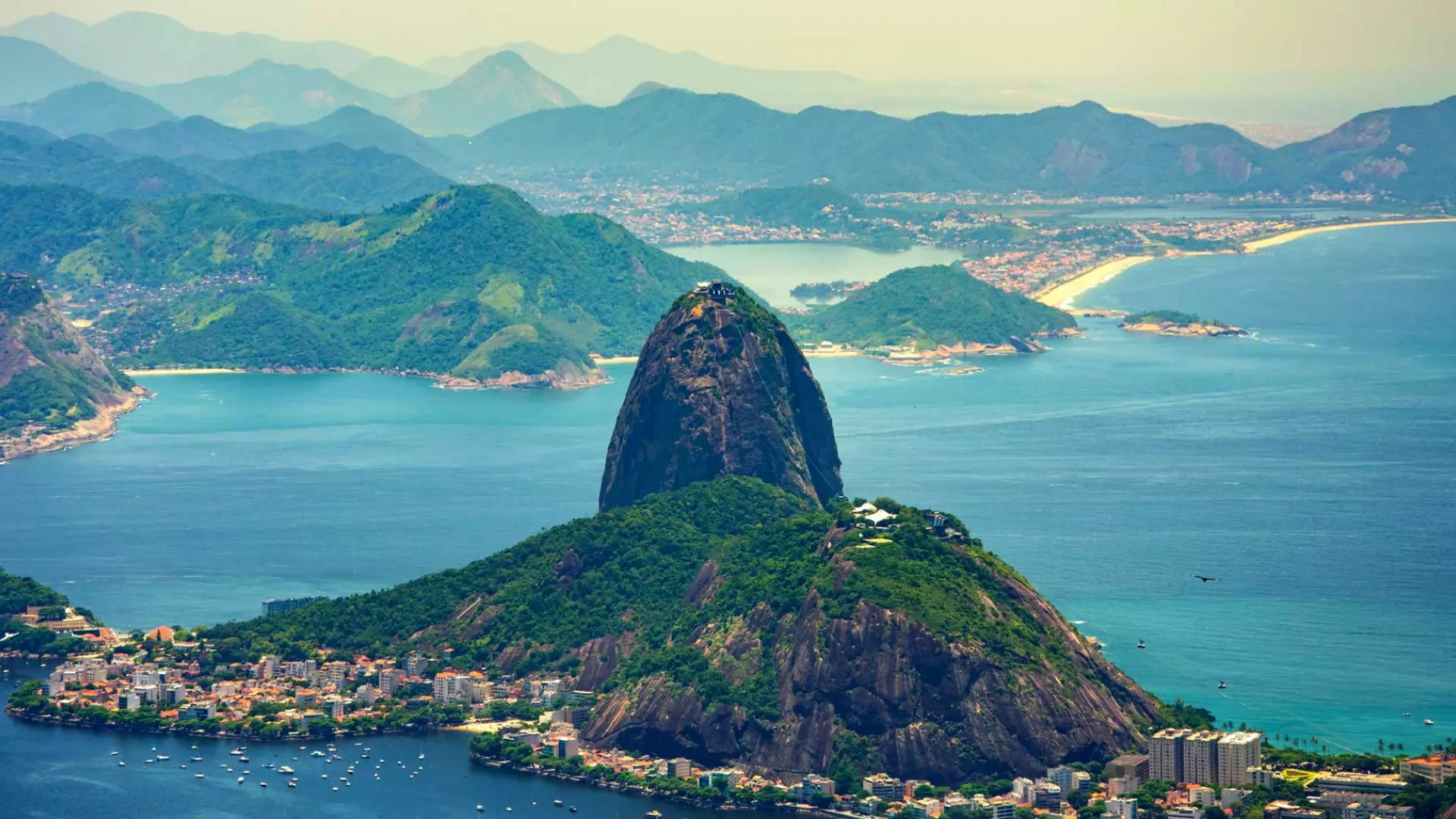 Guanabara Bay in Rio de Janeiro, city skyline and Sugarloaf Mountain