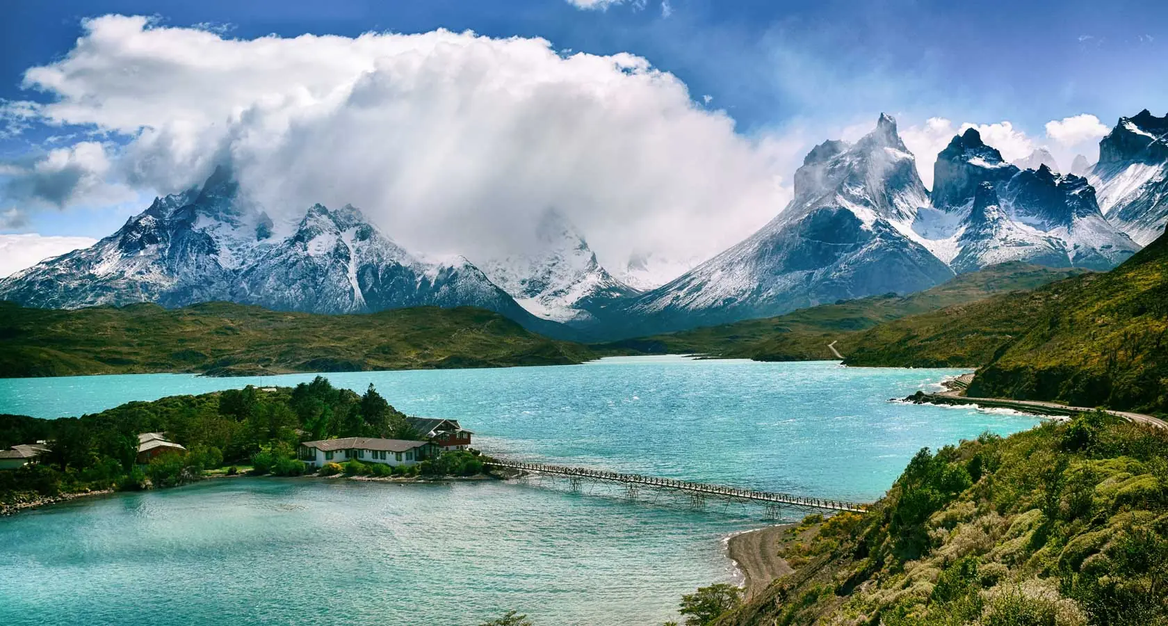 Panorama of Torres del Paine, Chile, water and granite peaks