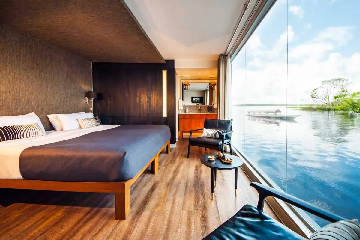 Aria Amazon luxury cruise ship on the Amazon River, Peru, VIP jungle cruise