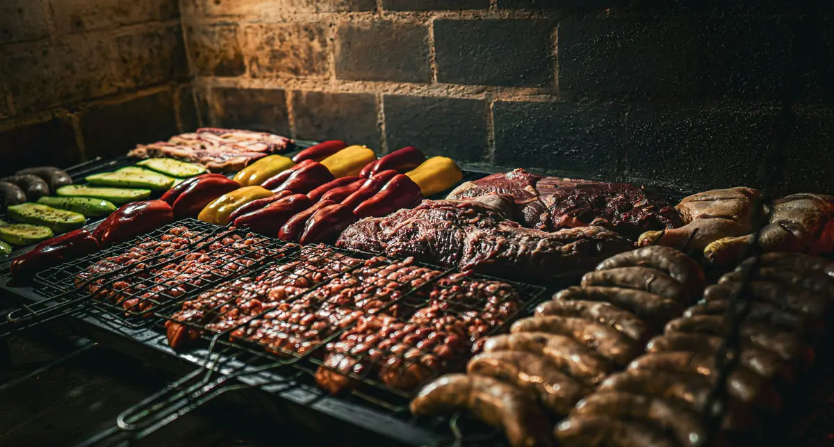 Traditional Uruguayan asado, grilled meat and vegetables over a wood fire
