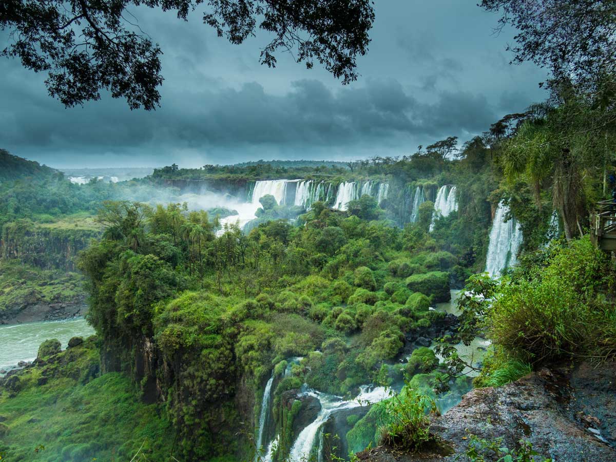 Iguazu Falls panoramic view from Brazilian side – Devil's Throat in distance, private tour