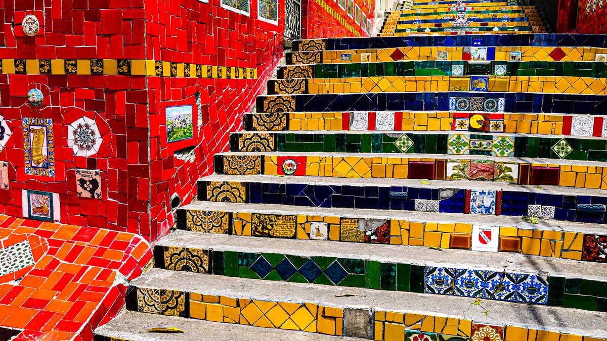 Colorful Selarón Steps in Rio de Janeiro, tourists and vibrant tiles, street art