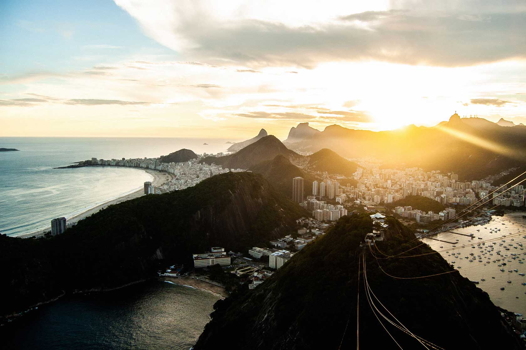 View from Corcovado Mountain in Rio, panorama of the city, Guanabara Bay