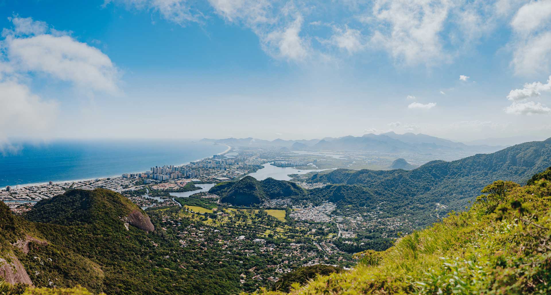 View of Rio de Janeiro from a lookout point, city and Atlantic Ocean panorama, Copacabana