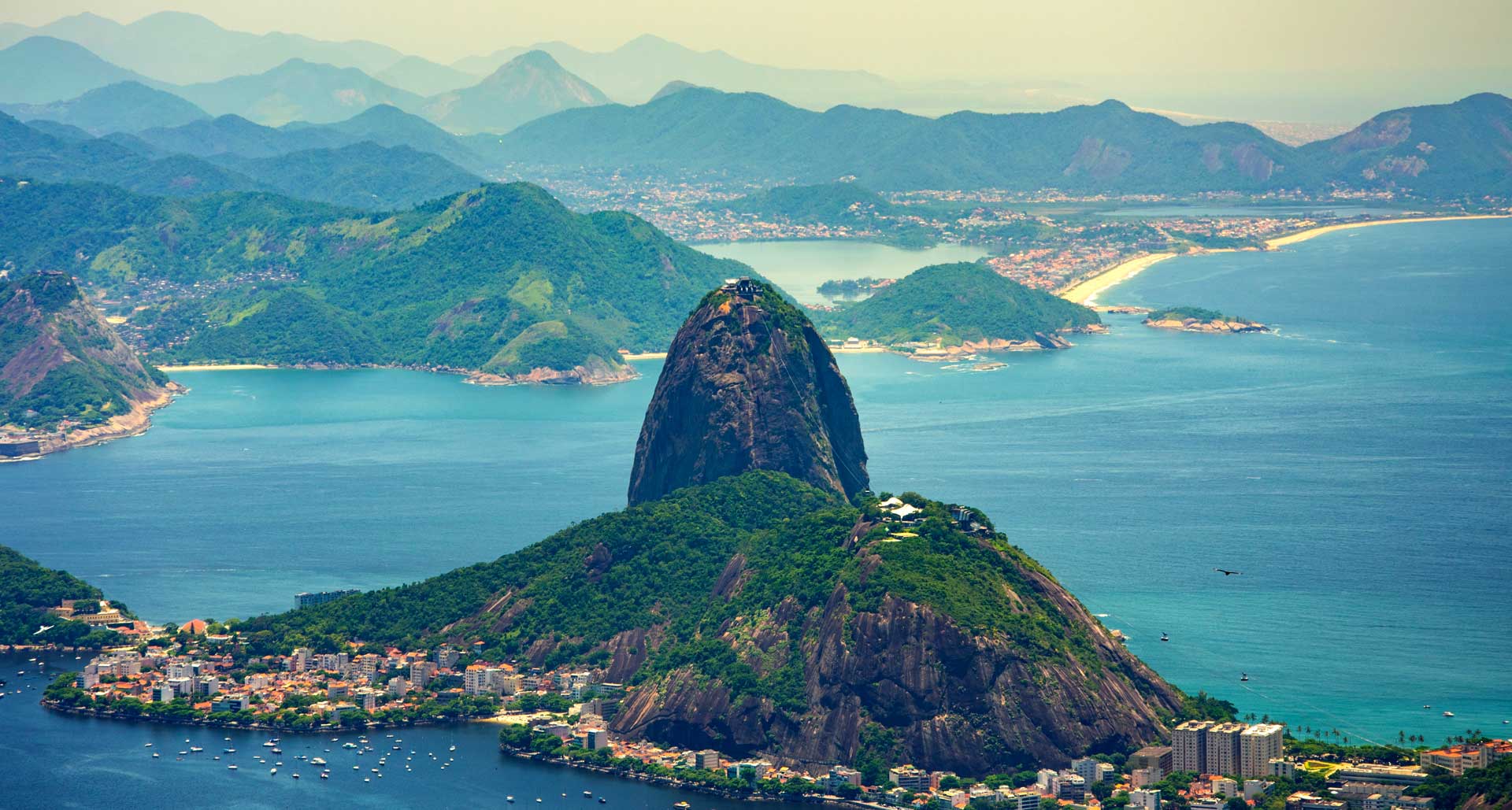 Guanabara Bay in Rio de Janeiro, city skyline and Sugarloaf Mountain
