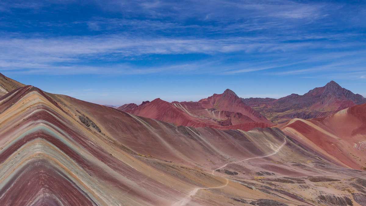 Vinicunca rainbow mountain in Peru colorful stripes on the slope