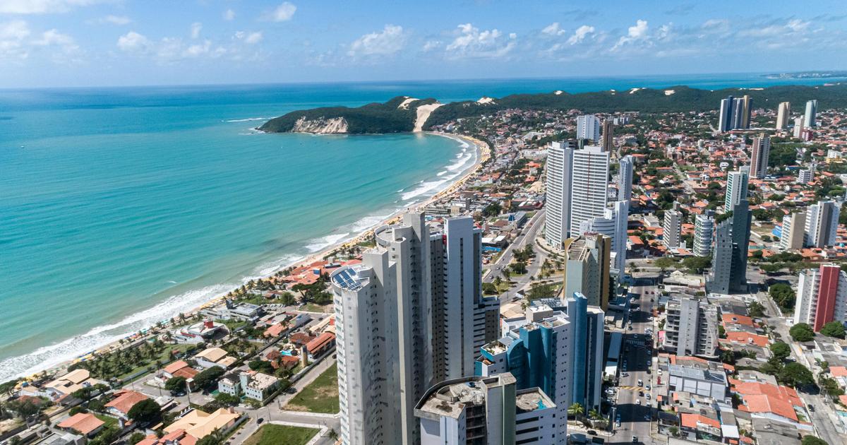 Aerial view of the coastline and high-rise district of Natal, Brazil.