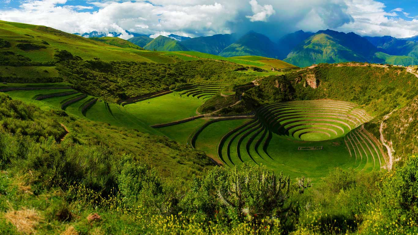 The circular Inca agricultural terraces of Moray in the Sacred Valley, Peru, seen from above.
