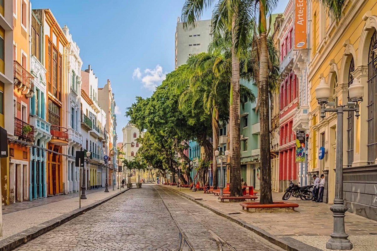 Colourful street buildings in Recife, Brazil.