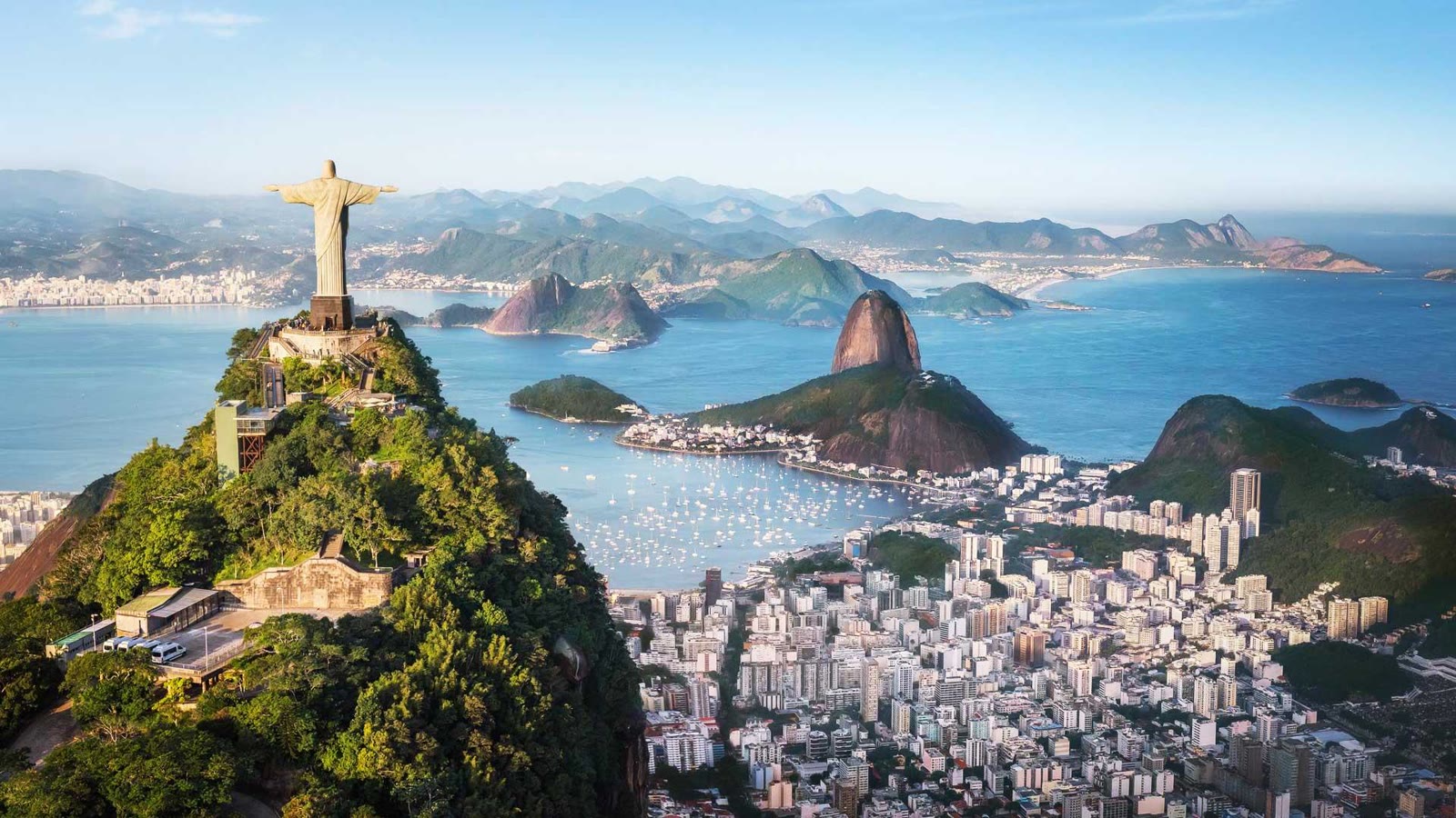 Aerial panorama of Rio de Janeiro with Christ the Redeemer, Guanabara Bay and Sugarloaf Mountain