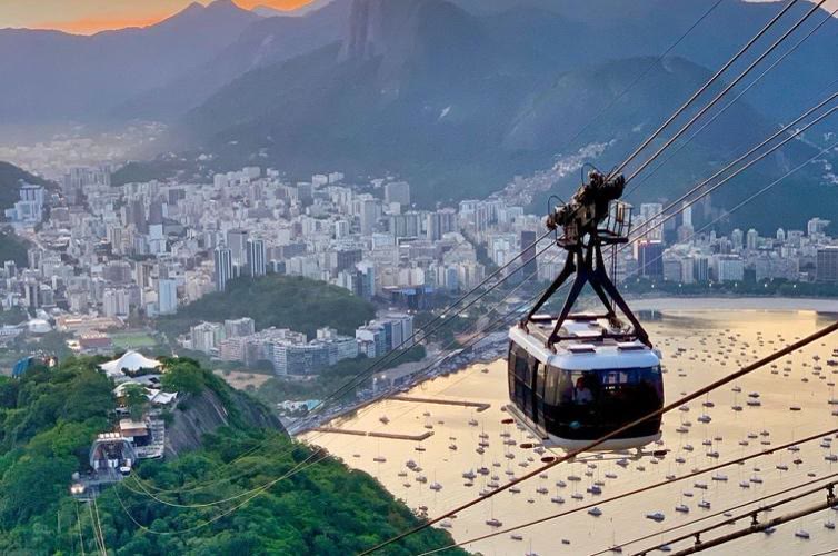 Cable car above Rio de Janeiro with Sugarloaf Mountain and Guanabara Bay