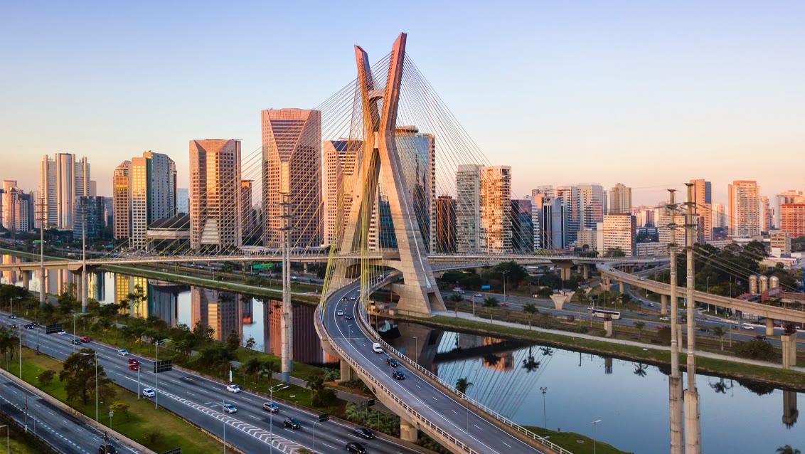 São Paulo skyline and cable-stayed bridge at sunset