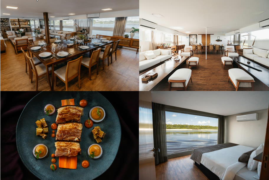 Dining room, lounge, plated meal and cabin aboard a river vessel