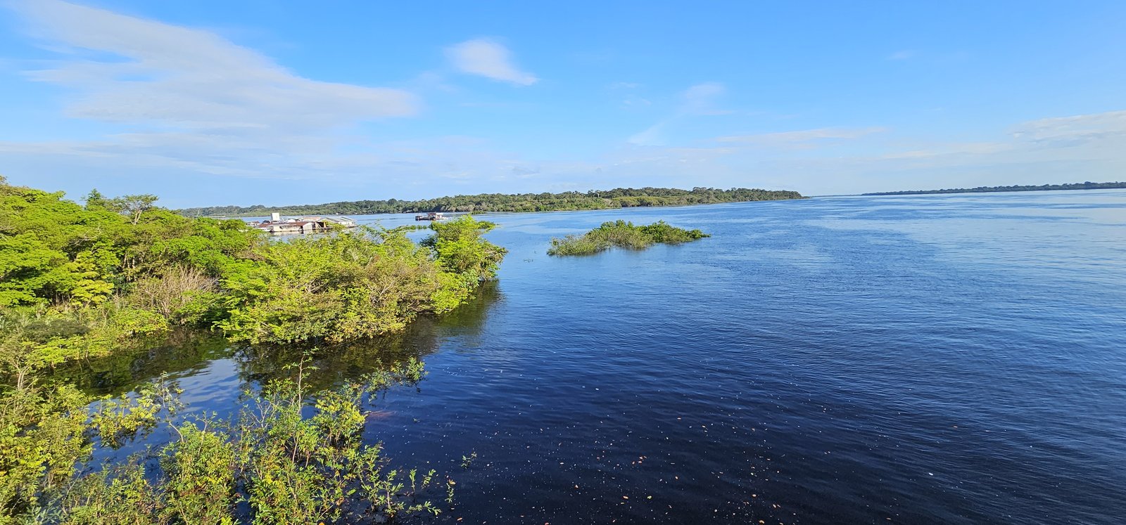 A calm, wide channel of the Amazon river with dense rainforest along both banks under a clear sky.