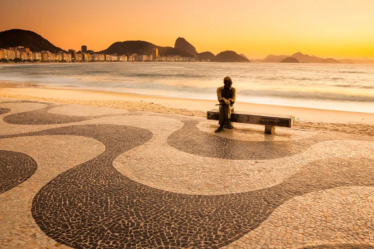 Copacabana Beach at sunset with Sugarloaf Mountain in the distance, Rio de Janeiro.