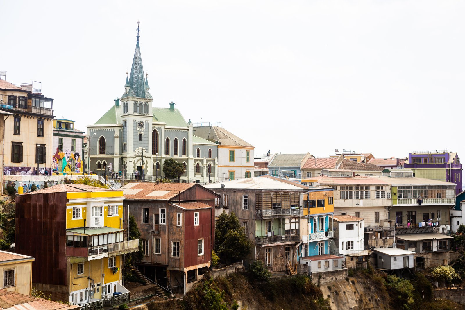 Colorful hillside houses around a church spire in Valparaíso on Chile's central coast.